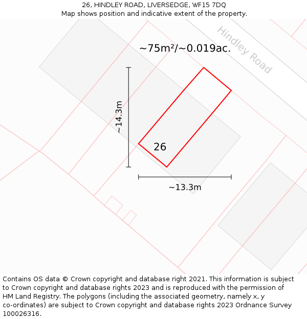 26, HINDLEY ROAD, LIVERSEDGE, WF15 7DQ: Plot and title map