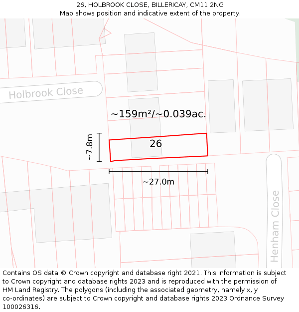 26, HOLBROOK CLOSE, BILLERICAY, CM11 2NG: Plot and title map