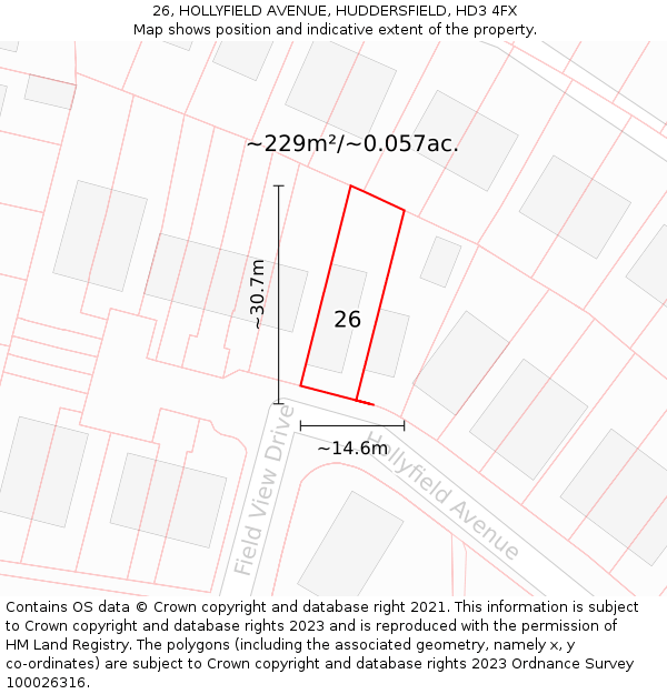 26, HOLLYFIELD AVENUE, HUDDERSFIELD, HD3 4FX: Plot and title map