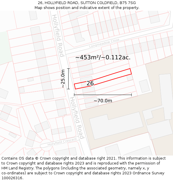 26, HOLLYFIELD ROAD, SUTTON COLDFIELD, B75 7SG: Plot and title map