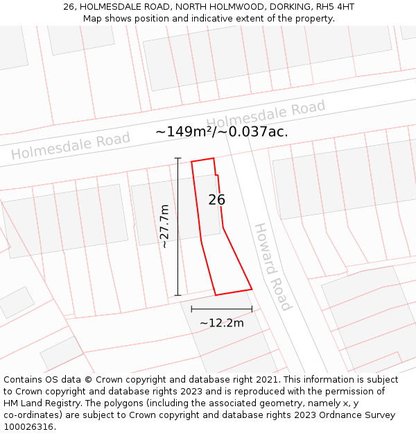26, HOLMESDALE ROAD, NORTH HOLMWOOD, DORKING, RH5 4HT: Plot and title map