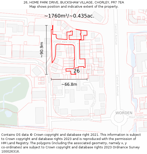 26, HOME PARK DRIVE, BUCKSHAW VILLAGE, CHORLEY, PR7 7EA: Plot and title map