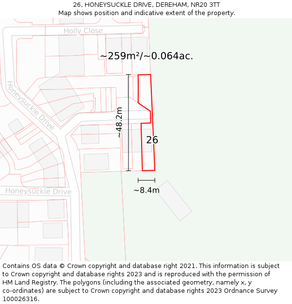 26, HONEYSUCKLE DRIVE, DEREHAM, NR20 3TT: Plot and title map