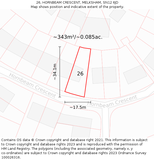 26, HORNBEAM CRESCENT, MELKSHAM, SN12 6JD: Plot and title map