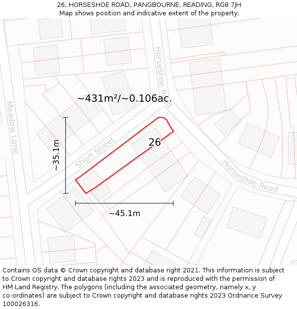 26, HORSESHOE ROAD, PANGBOURNE, READING, RG8 7JH: Plot and title map