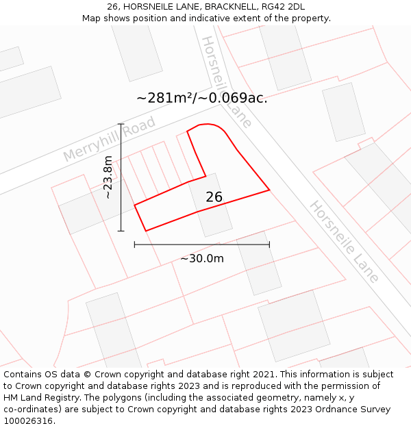 26, HORSNEILE LANE, BRACKNELL, RG42 2DL: Plot and title map