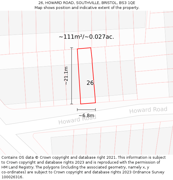 26, HOWARD ROAD, SOUTHVILLE, BRISTOL, BS3 1QE: Plot and title map