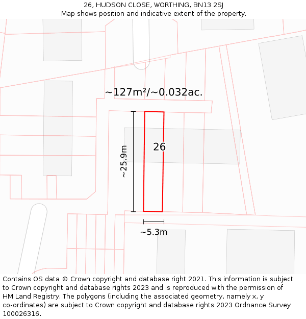 26, HUDSON CLOSE, WORTHING, BN13 2SJ: Plot and title map