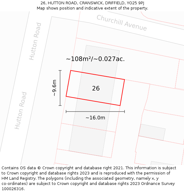 26, HUTTON ROAD, CRANSWICK, DRIFFIELD, YO25 9PJ: Plot and title map