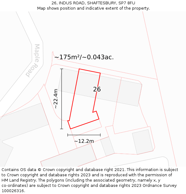 26, INDUS ROAD, SHAFTESBURY, SP7 8FU: Plot and title map
