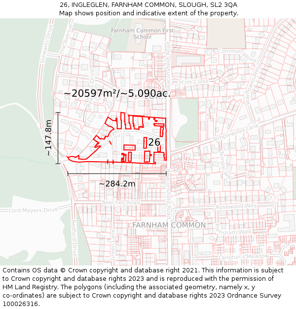 26, INGLEGLEN, FARNHAM COMMON, SLOUGH, SL2 3QA: Plot and title map