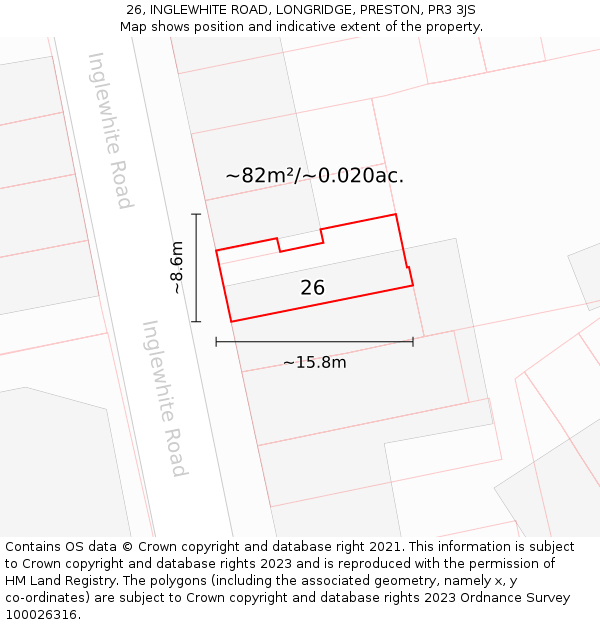 26, INGLEWHITE ROAD, LONGRIDGE, PRESTON, PR3 3JS: Plot and title map