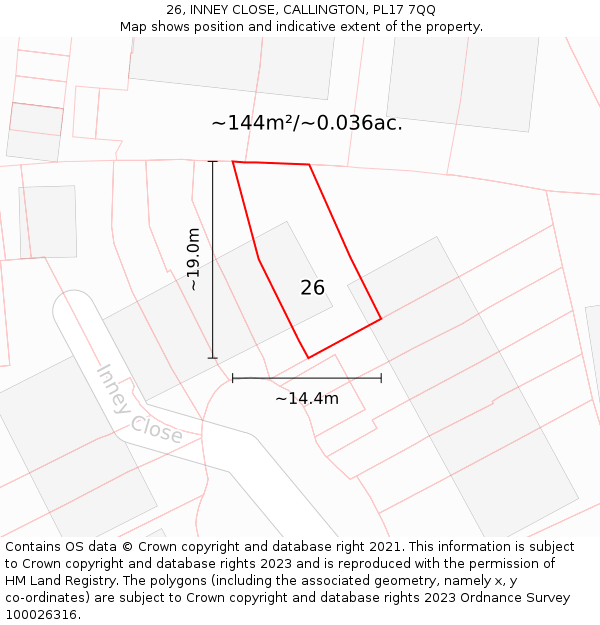 26, INNEY CLOSE, CALLINGTON, PL17 7QQ: Plot and title map