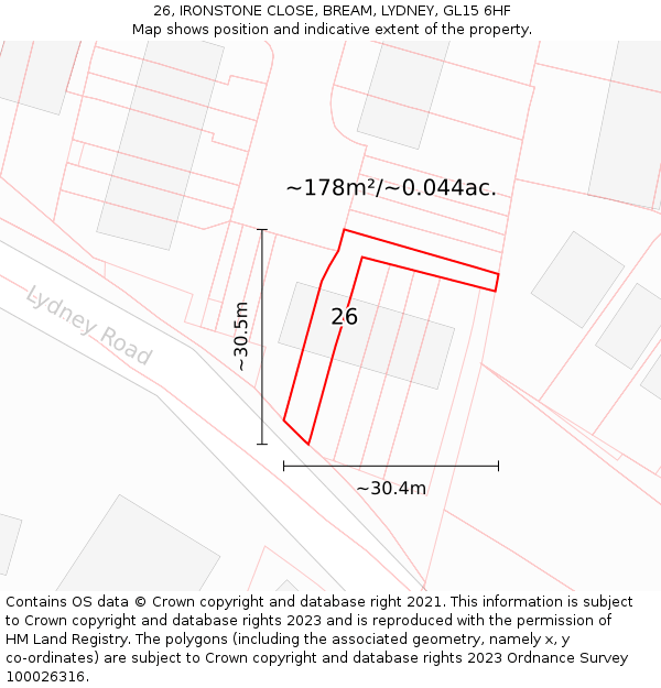 26, IRONSTONE CLOSE, BREAM, LYDNEY, GL15 6HF: Plot and title map