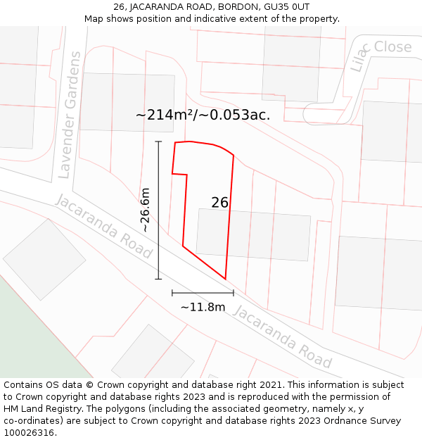 26, JACARANDA ROAD, BORDON, GU35 0UT: Plot and title map