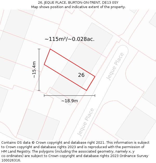 26, JEQUE PLACE, BURTON-ON-TRENT, DE13 0SY: Plot and title map