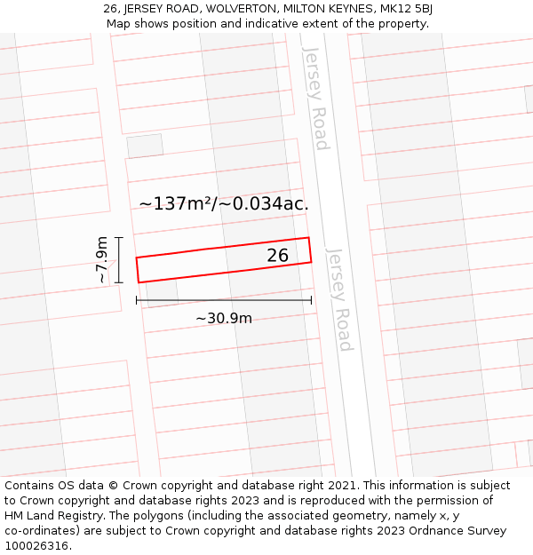 26, JERSEY ROAD, WOLVERTON, MILTON KEYNES, MK12 5BJ: Plot and title map
