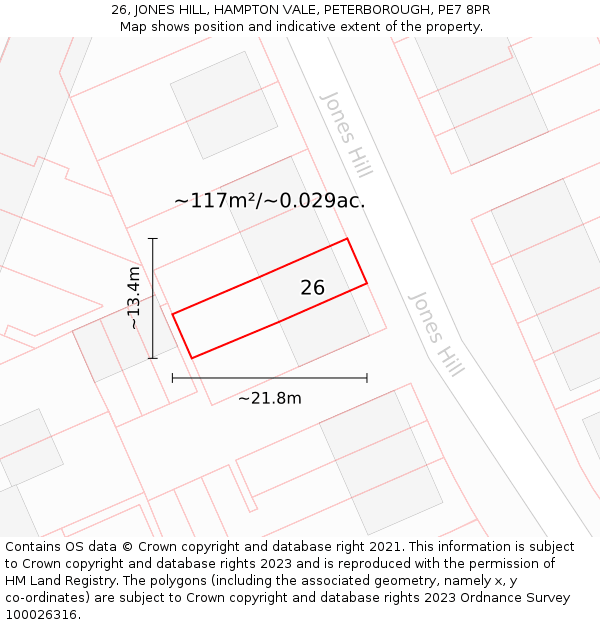 26, JONES HILL, HAMPTON VALE, PETERBOROUGH, PE7 8PR: Plot and title map