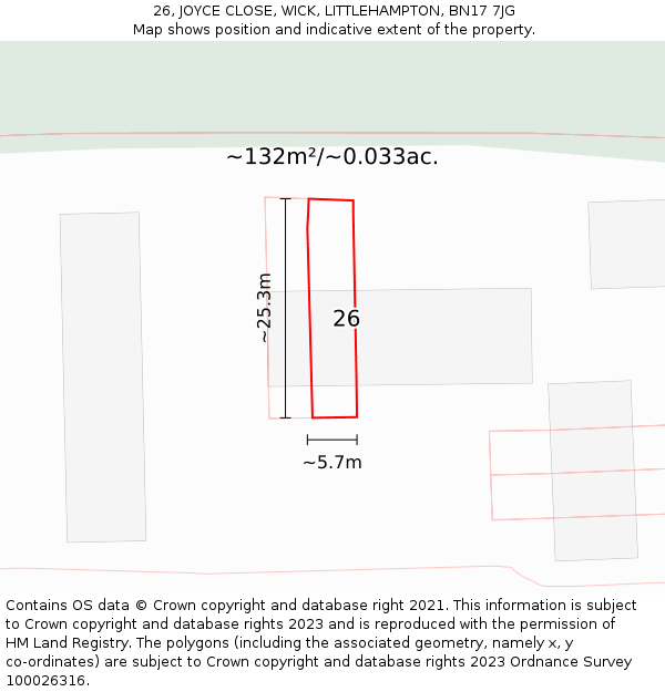 26, JOYCE CLOSE, WICK, LITTLEHAMPTON, BN17 7JG: Plot and title map