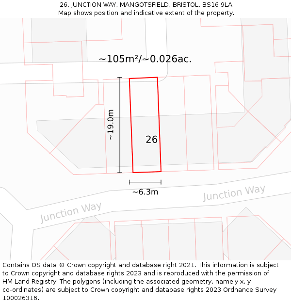 26, JUNCTION WAY, MANGOTSFIELD, BRISTOL, BS16 9LA: Plot and title map