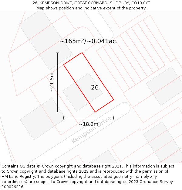 26, KEMPSON DRIVE, GREAT CORNARD, SUDBURY, CO10 0YE: Plot and title map