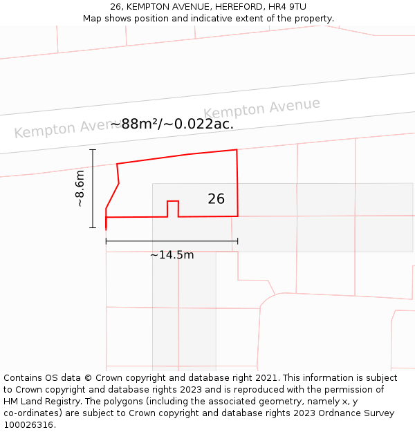 26, KEMPTON AVENUE, HEREFORD, HR4 9TU: Plot and title map