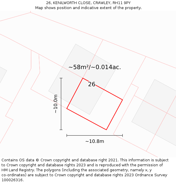26, KENILWORTH CLOSE, CRAWLEY, RH11 9PY: Plot and title map
