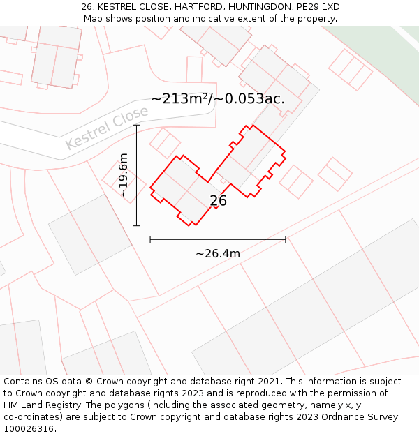 26, KESTREL CLOSE, HARTFORD, HUNTINGDON, PE29 1XD: Plot and title map