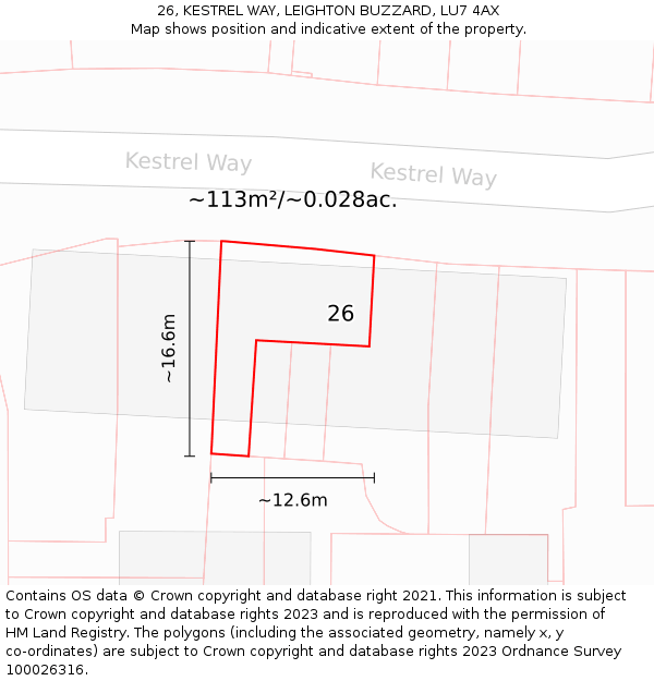 26, KESTREL WAY, LEIGHTON BUZZARD, LU7 4AX: Plot and title map