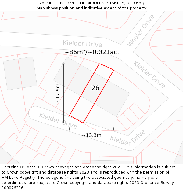 26, KIELDER DRIVE, THE MIDDLES, STANLEY, DH9 6AQ: Plot and title map