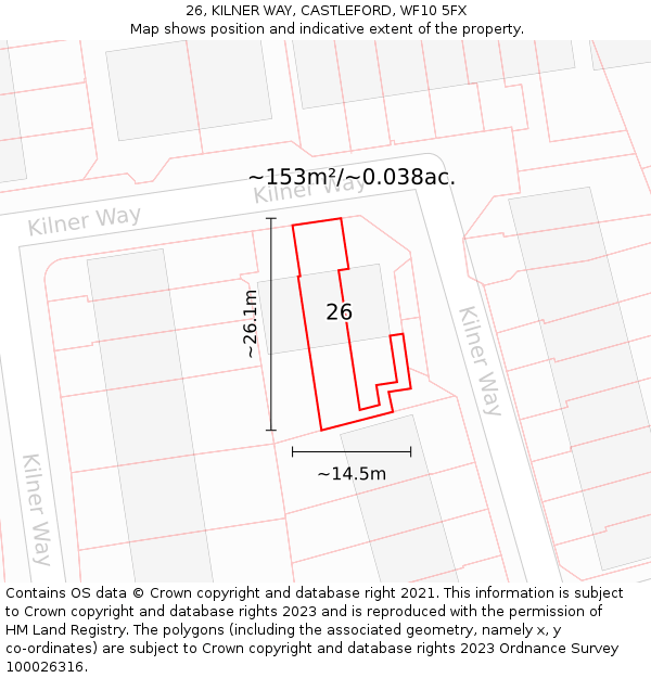 26, KILNER WAY, CASTLEFORD, WF10 5FX: Plot and title map