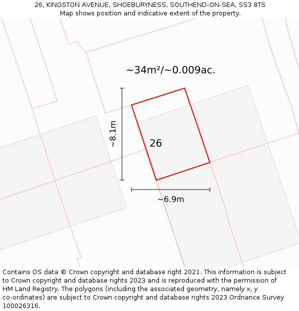 26, KINGSTON AVENUE, SHOEBURYNESS, SOUTHEND-ON-SEA, SS3 8TS: Plot and title map