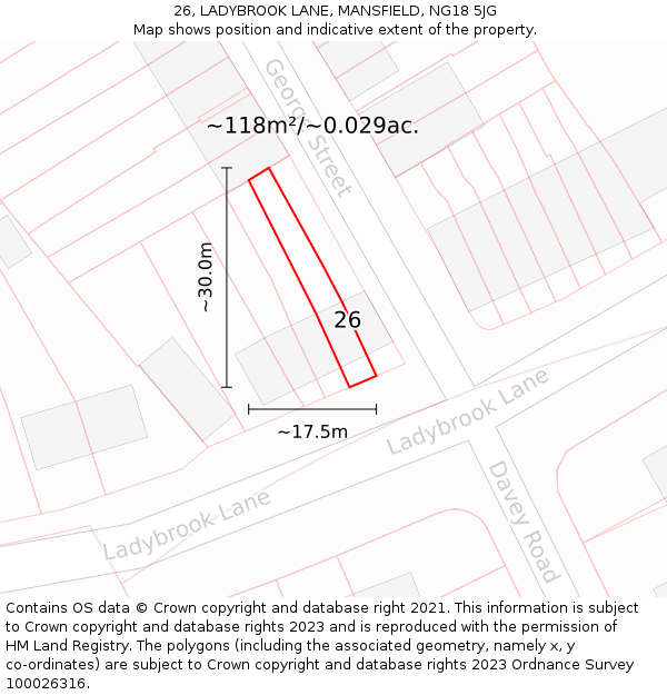 26, LADYBROOK LANE, MANSFIELD, NG18 5JG: Plot and title map