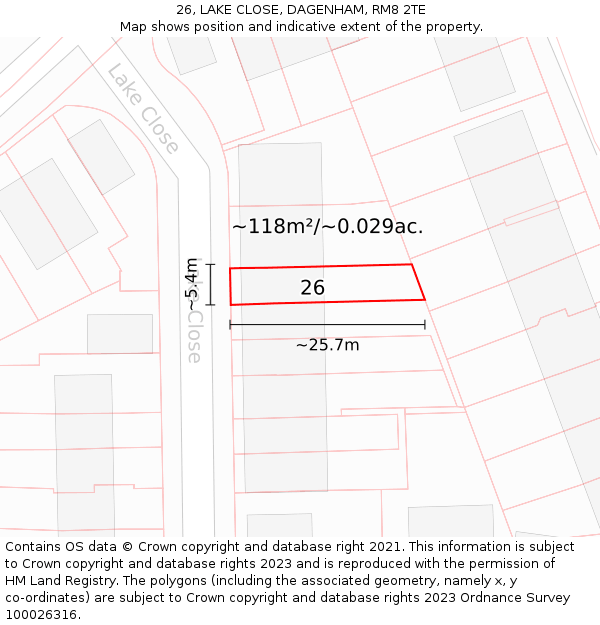 26, LAKE CLOSE, DAGENHAM, RM8 2TE: Plot and title map