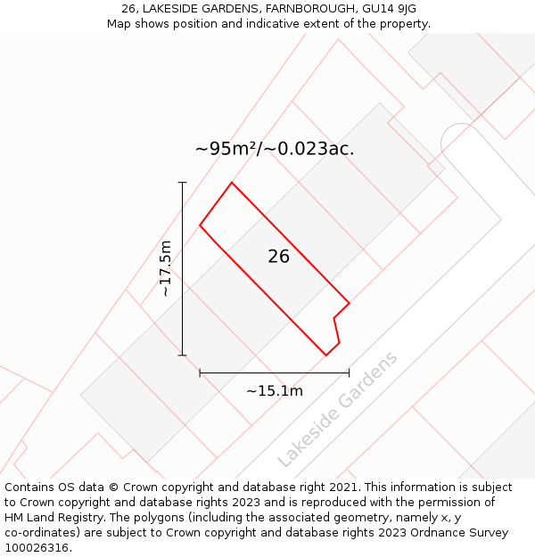 26, LAKESIDE GARDENS, FARNBOROUGH, GU14 9JG: Plot and title map