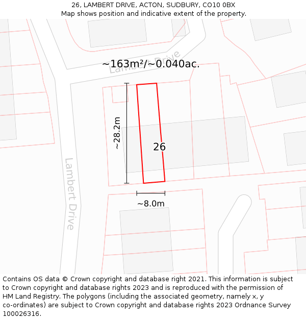 26, LAMBERT DRIVE, ACTON, SUDBURY, CO10 0BX: Plot and title map