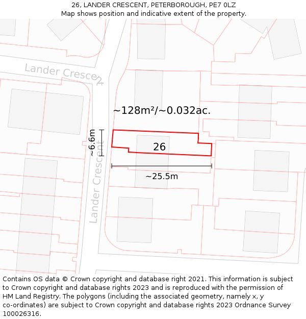 26, LANDER CRESCENT, PETERBOROUGH, PE7 0LZ: Plot and title map
