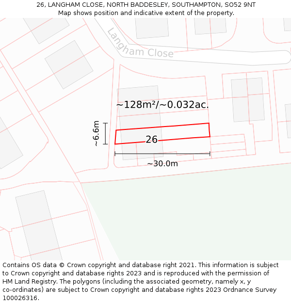 26, LANGHAM CLOSE, NORTH BADDESLEY, SOUTHAMPTON, SO52 9NT: Plot and title map