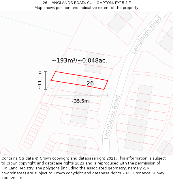 26, LANGLANDS ROAD, CULLOMPTON, EX15 1JE: Plot and title map