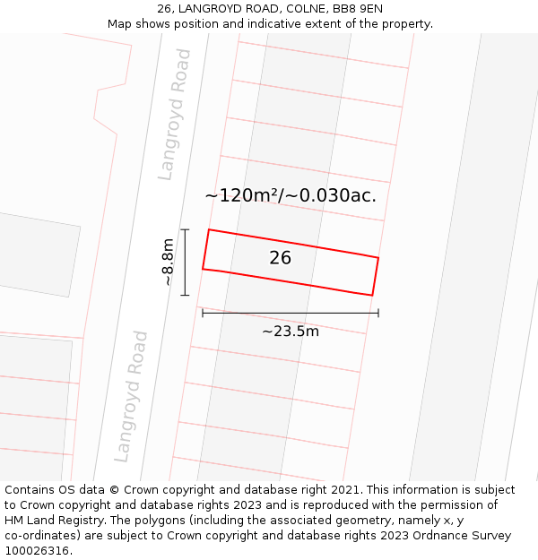 26, LANGROYD ROAD, COLNE, BB8 9EN: Plot and title map