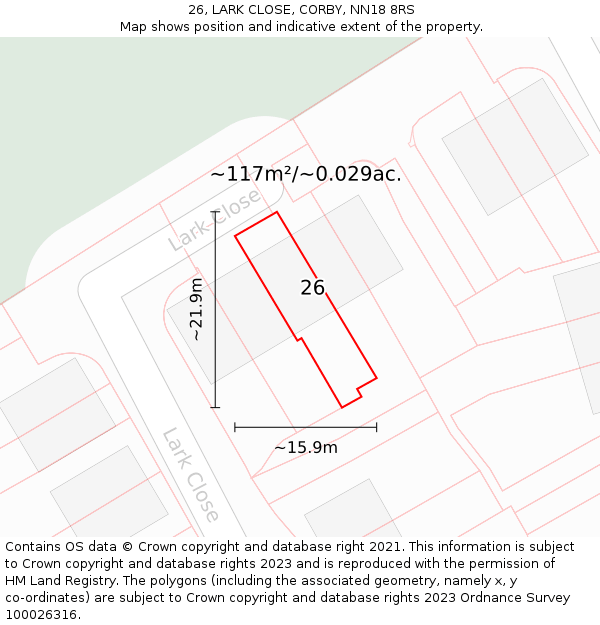 26, LARK CLOSE, CORBY, NN18 8RS: Plot and title map