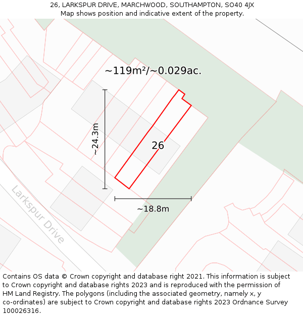 26, LARKSPUR DRIVE, MARCHWOOD, SOUTHAMPTON, SO40 4JX: Plot and title map