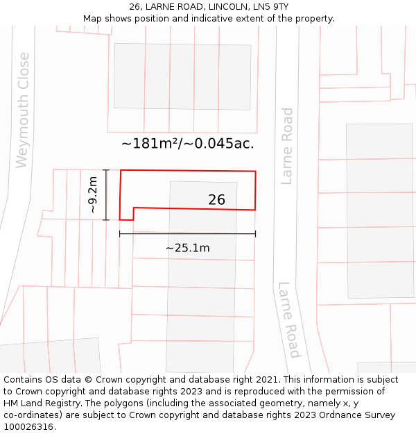 26, LARNE ROAD, LINCOLN, LN5 9TY: Plot and title map