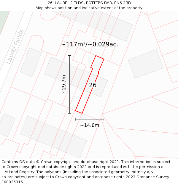 26, LAUREL FIELDS, POTTERS BAR, EN6 2BB: Plot and title map