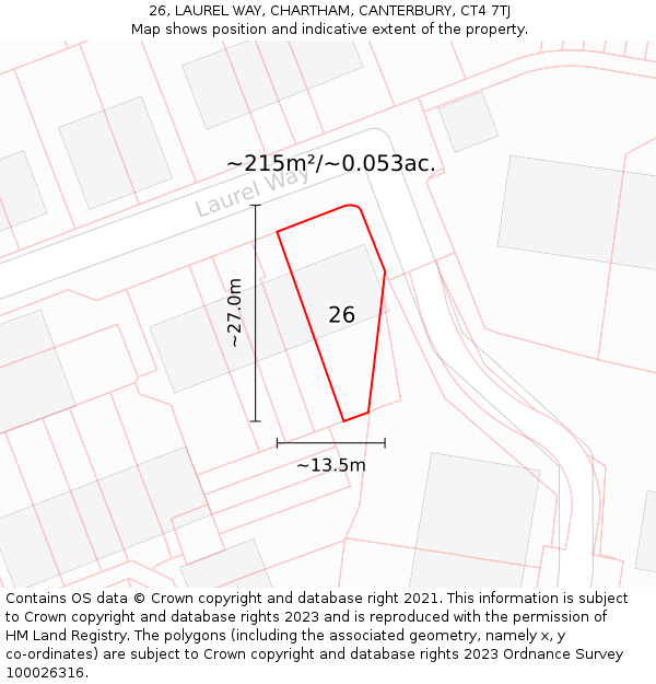 26, LAUREL WAY, CHARTHAM, CANTERBURY, CT4 7TJ: Plot and title map