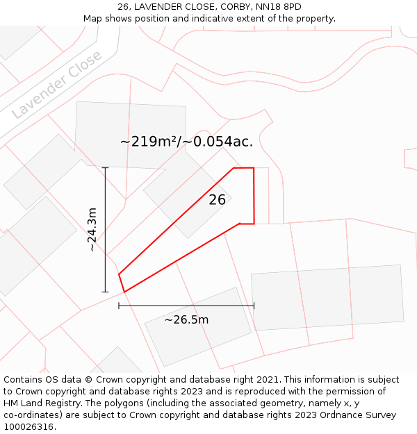 26, LAVENDER CLOSE, CORBY, NN18 8PD: Plot and title map
