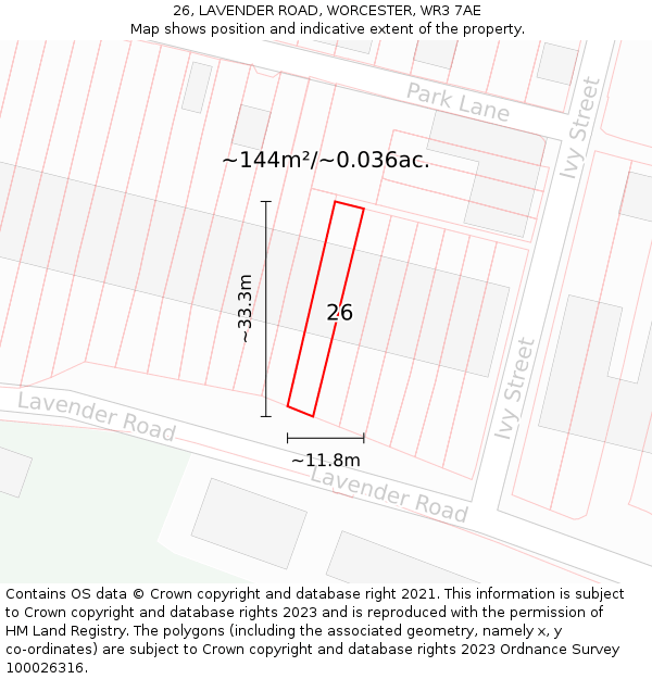 26, LAVENDER ROAD, WORCESTER, WR3 7AE: Plot and title map