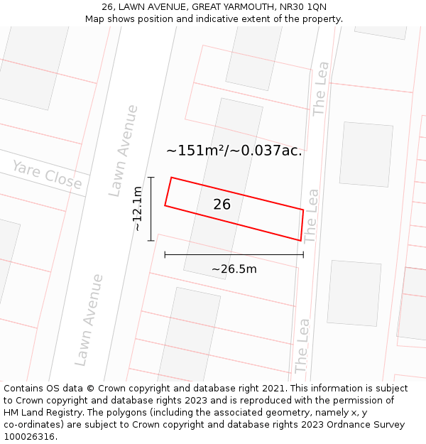 26, LAWN AVENUE, GREAT YARMOUTH, NR30 1QN: Plot and title map