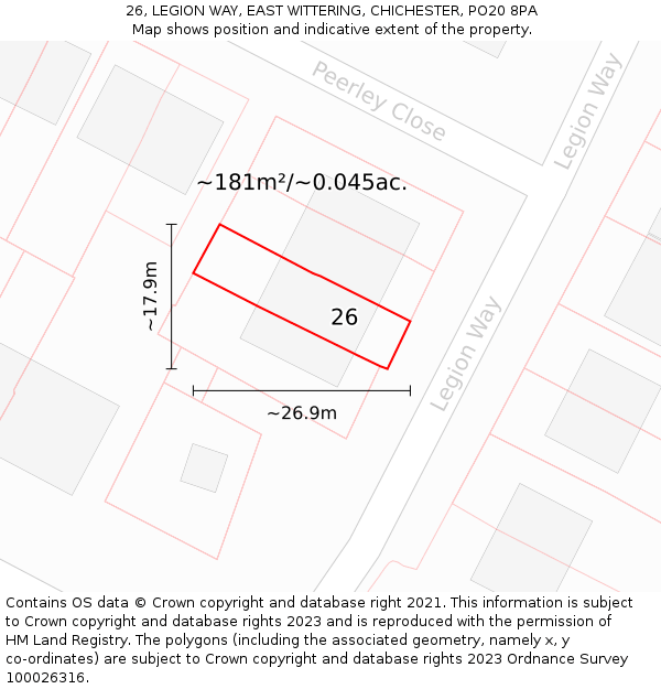 26, LEGION WAY, EAST WITTERING, CHICHESTER, PO20 8PA: Plot and title map