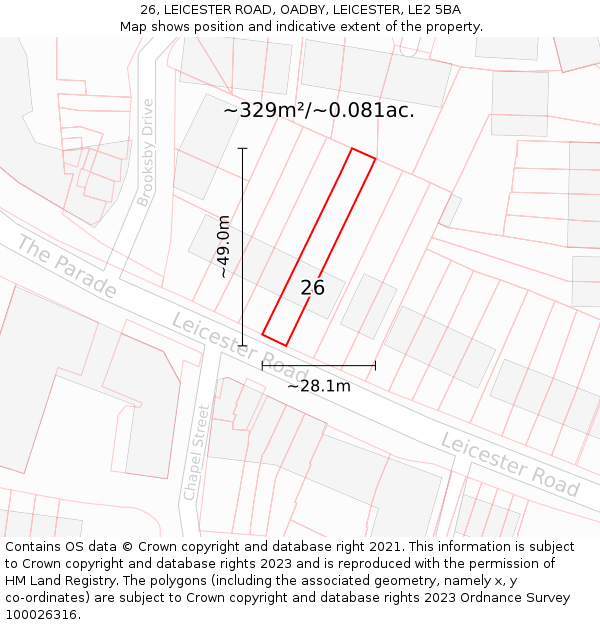 26, LEICESTER ROAD, OADBY, LEICESTER, LE2 5BA: Plot and title map